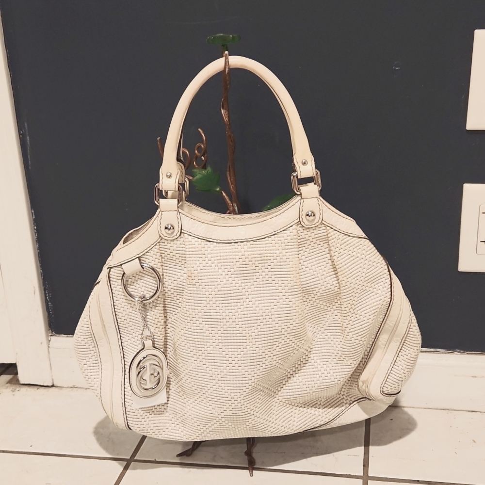 😍 GUCCI LUXURY MEDIUM STRAW LEATHER MONOGRAM HOBO HAND BAG 💯 AUTHENTIC